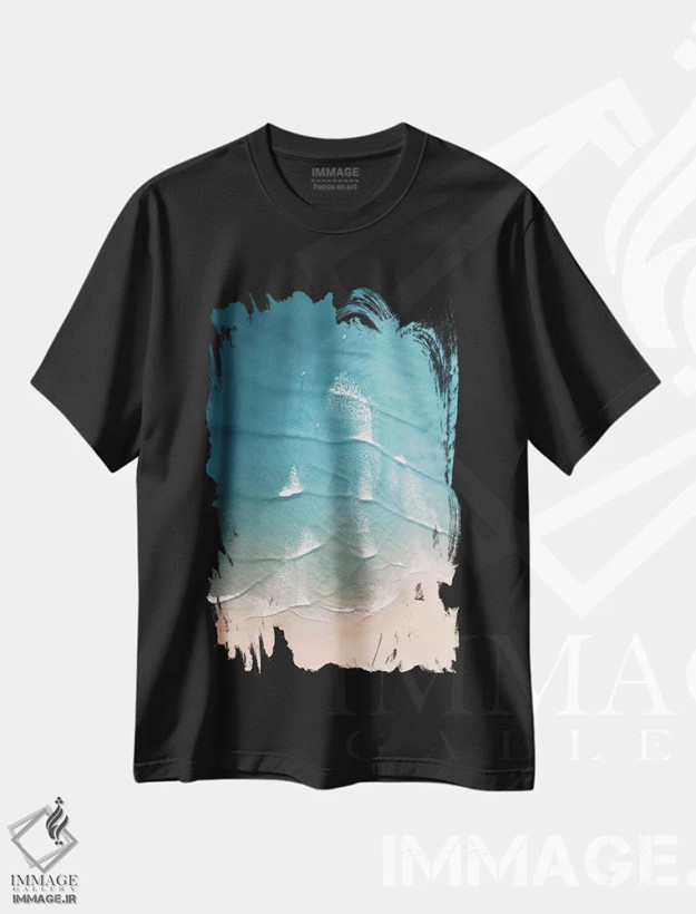 تیشرت مشکی طرح دار ساحل هوایی با رنگ های پاستلی، سواحل از نمای بالا اثر کارن منداو | فروشگاه ایماژ
