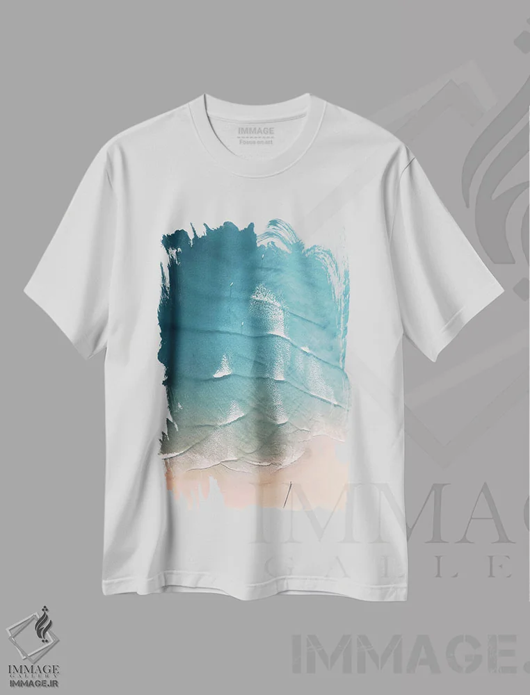 تیشرت سفید طرح دار ساحل هوایی با رنگ های پاستلی، سواحل از نمای بالا اثر کارن منداو | immage.ir