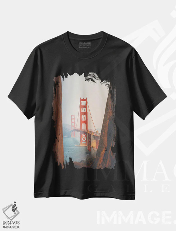 تیشرت مشکی طرح دار پل گلدن گیت با درختان سکویا، مدیوم اثر کارن منداو | فروشگاه ایماژ