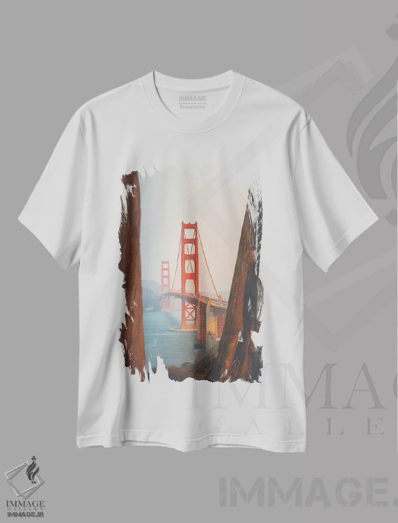 تیشرت سفید طرح دار پل گلدن گیت با درختان سکویا، مدیوم اثر کارن منداو | immage.ir