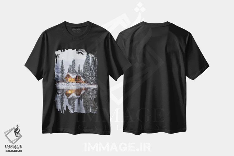 تیشرت مشکی طرح دار کلبه کنار دریاچه زمرد در برف، مدیوم اثر کارن منداو | immage.ir