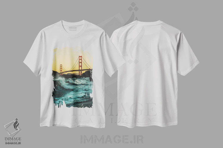 تیشرت سفید طرح دار پل گلدن گیت با امواج، مدیوم اثر کارن منداو | immage.ir