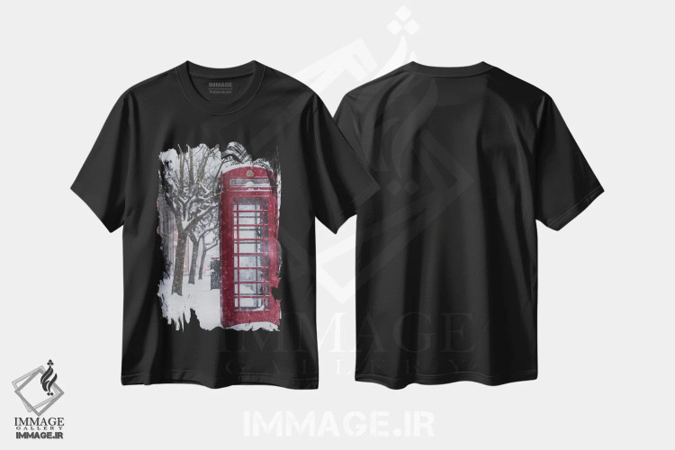 تیشرت مشکی طرح دار غرفه تلفن لندن در برف، مدیوم اثر کارن منداو | فروشگاه ایماژ