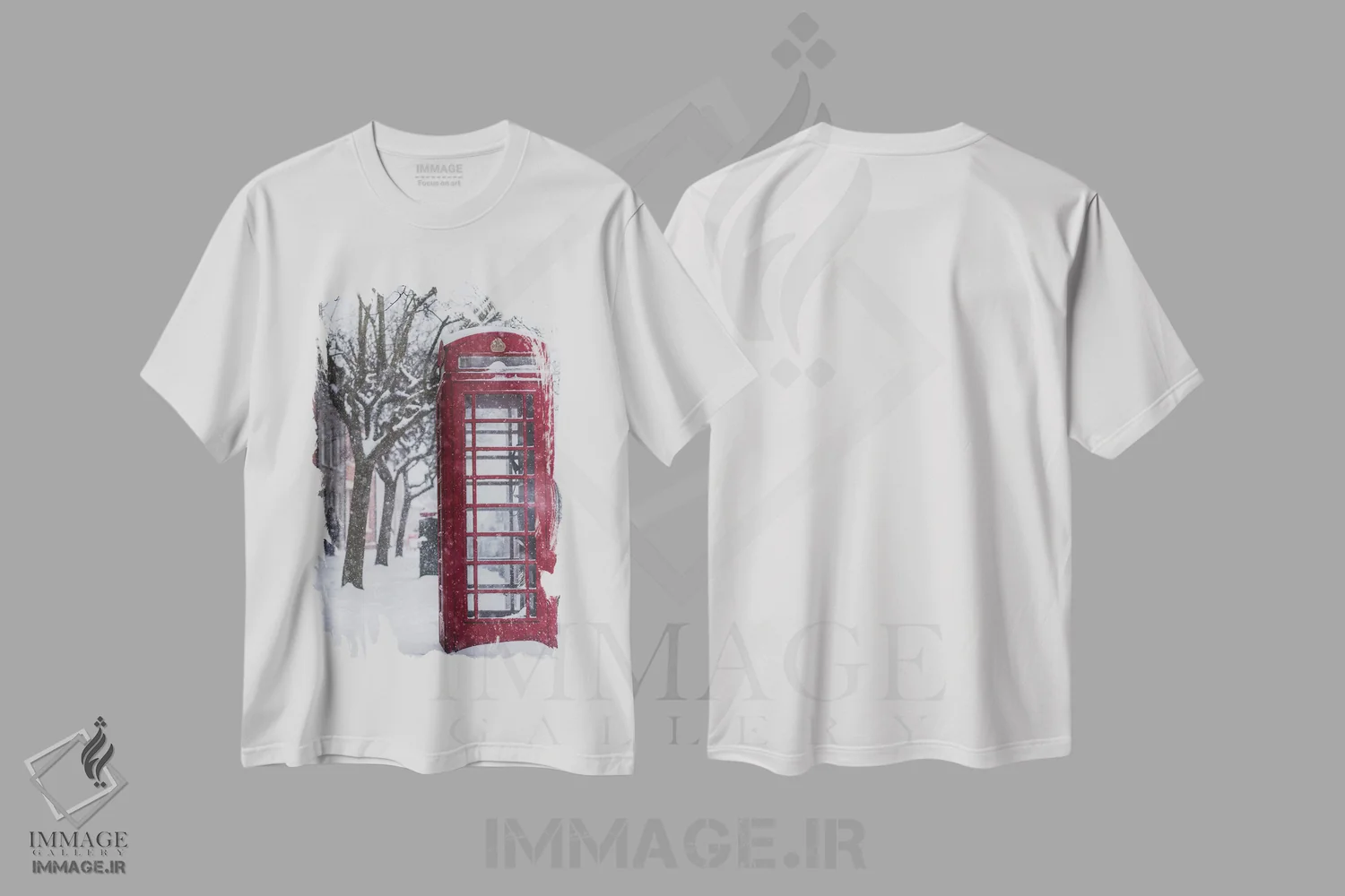 تیشرت سفید طرح دار غرفه تلفن لندن در برف، مدیوم اثر کارن منداو | immage.ir