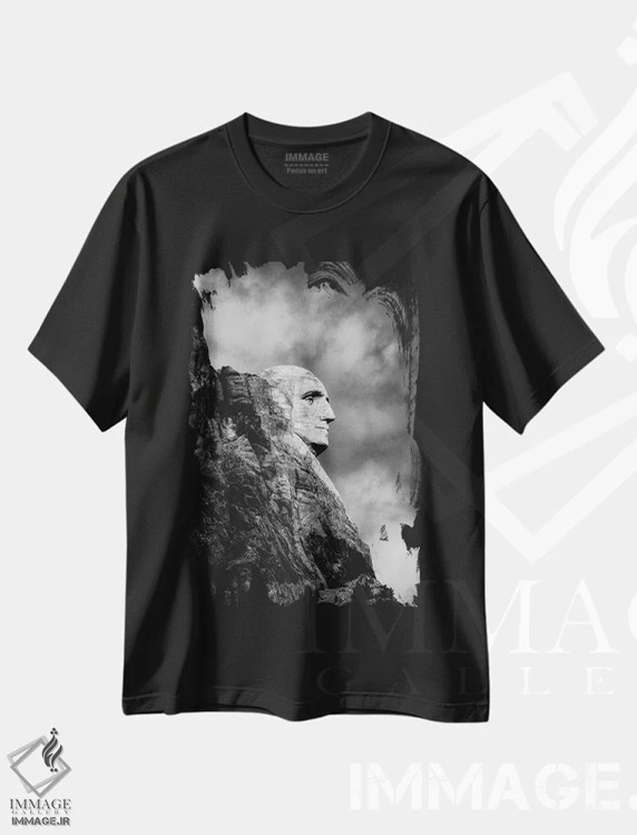 تیشرت مشکی طرح دار پرتره جورج واشنگتن، کوه راشمور، مدیوم اثر کارن منداو | immage.ir