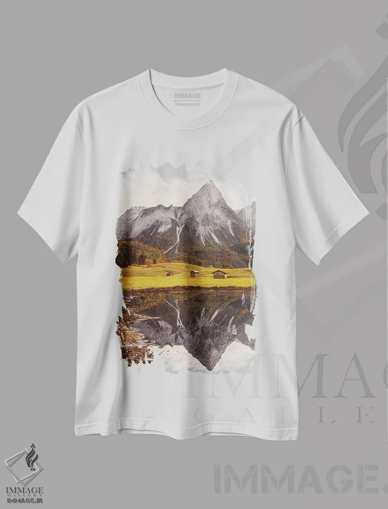 تیشرت سفید طرح دار دریاچه کوهستانی در اتریش، مدیوم اثر کارن منداو | immage.ir