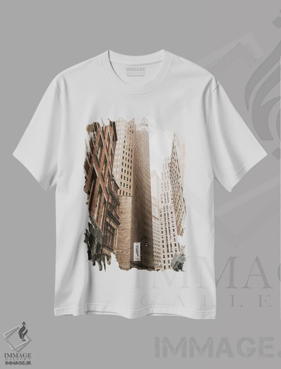 تیشرت سفید طرح دار آسمان خراش های نیویورک، مدیوم اثر کارن منداو | فروشگاه ایماژ