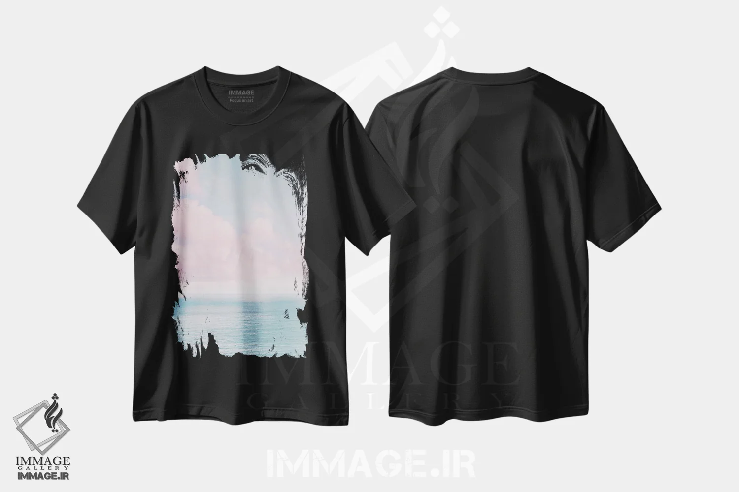 تیشرت مشکی طرح دار اقیانوس با ابرهای صورتی، دکور ساحلی اثر کارن منداو | immage.ir