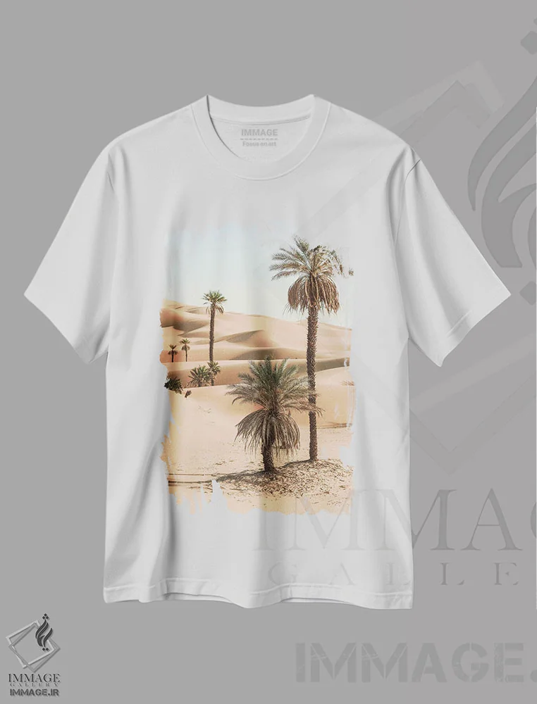 تیشرت سفید طرح دار نخل ها در بیابان، مدیوم اثر کارن منداو | فروشگاه ایماژ