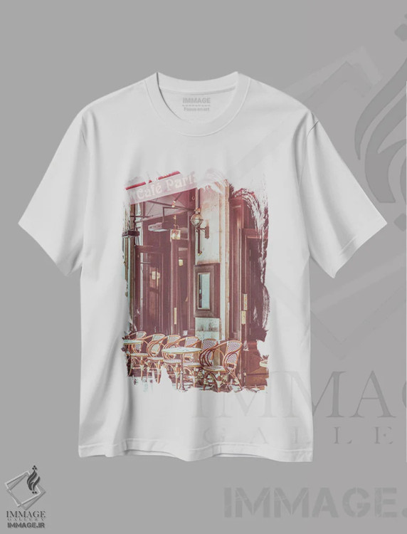 تیشرت سفید طرح دار کافه پاریس، تزئینی اثر کارن منداو | فروشگاه ایماژ