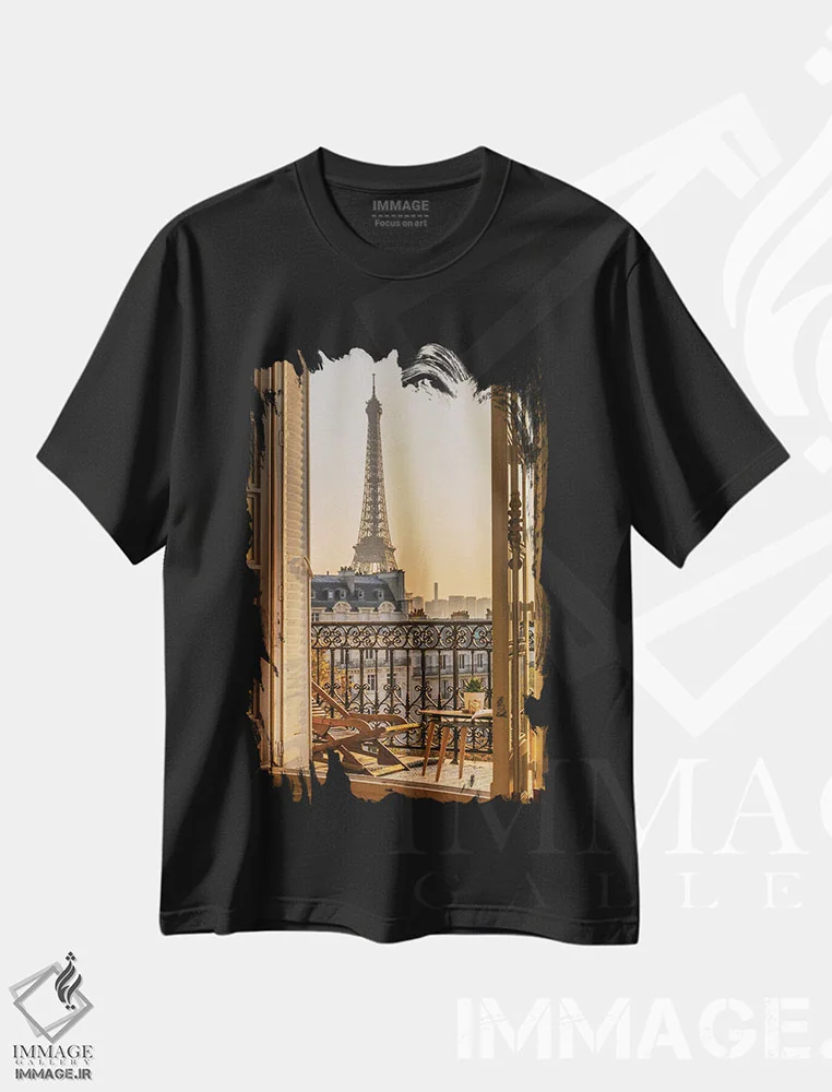 تیشرت مشکی طرح دار بالکن پاریس با برج ایفل، مدیوم اثر کارن منداو | فروشگاه ایماژ