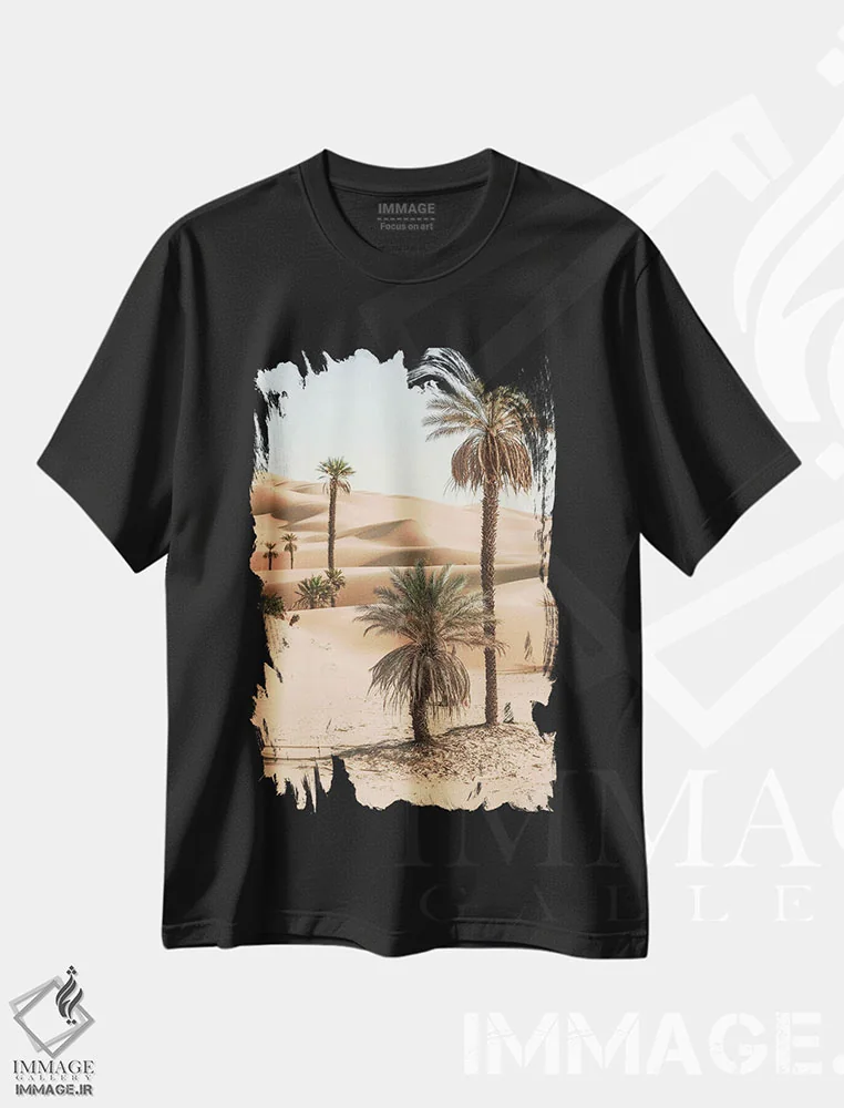 تیشرت مشکی طرح دار نخل ها در بیابان، مدیوم اثر کارن منداو | immage.ir