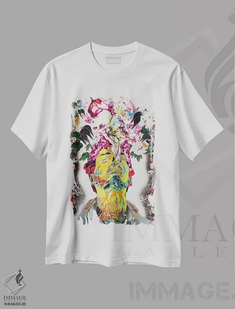 تیشرت سفید طرح دار دنیای نو شجاع، آبستره اثر کاستیانتین مالگینف | immage.ir