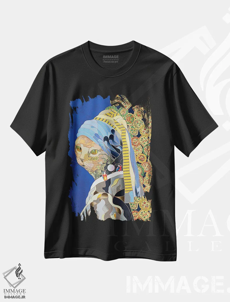 تیشرت مشکی طرح دار گربه با گوشواره، دکور معاصر اثر کاستیانتین مالگینف | فروشگاه ایماژ