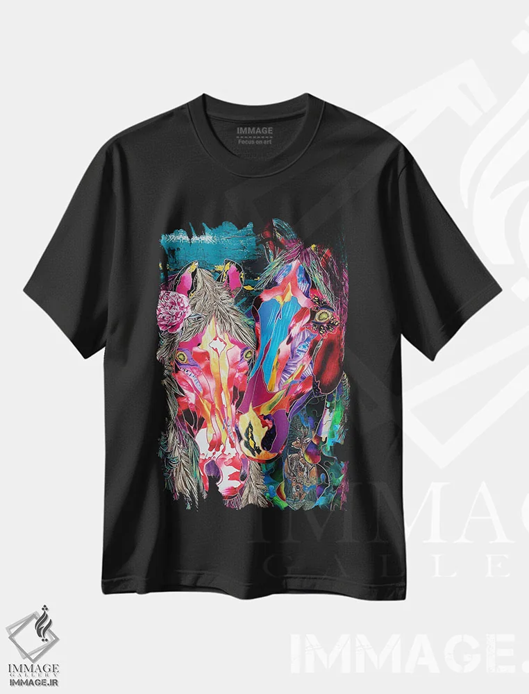 تیشرت مشکی طرح دار اسب های جادویی، دکوراسیون جایگزین اثر کاستیانتین مالگینف | فروشگاه ایماژ