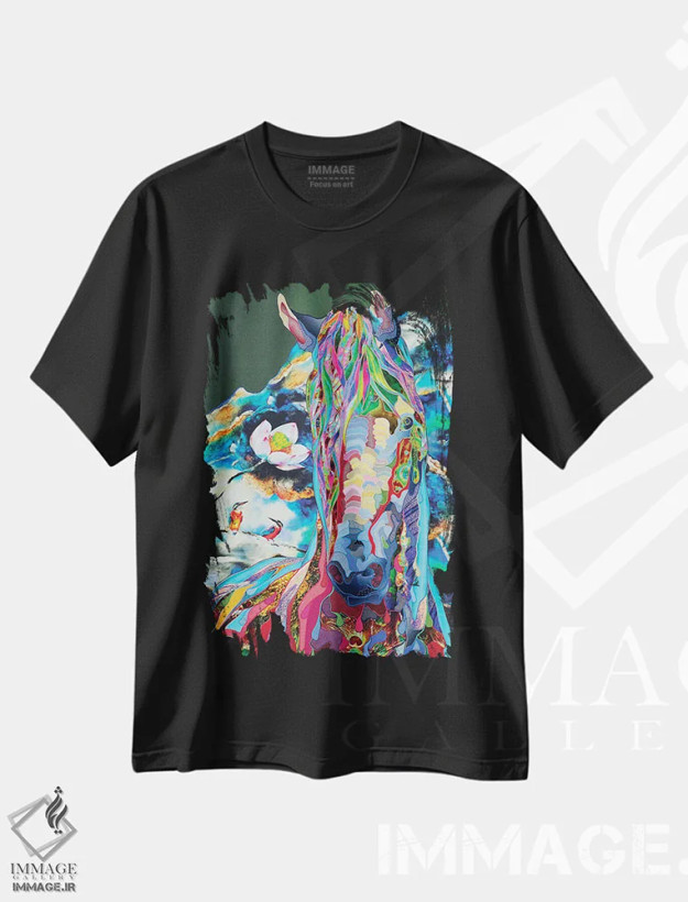 تیشرت مشکی طرح دار نیلوفر آبی، دکور معاصر اثر کاستیانتین مالگینف | فروشگاه ایماژ