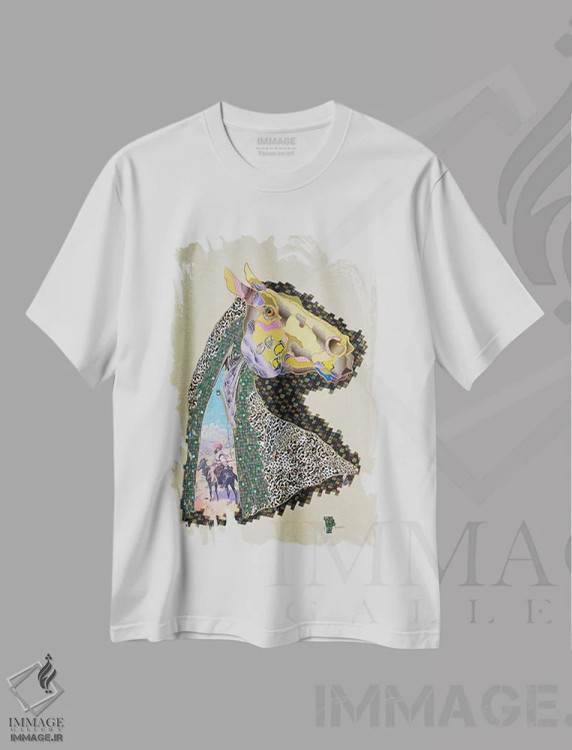 تیشرت سفید طرح دار اسب تبتی، دکور معاصر اثر کاستیانتین مالگینف | فروشگاه ایماژ