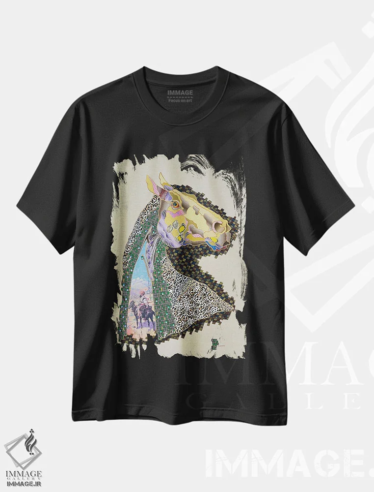 تیشرت مشکی طرح دار اسب تبتی، دکور معاصر اثر کاستیانتین مالگینف | immage.ir