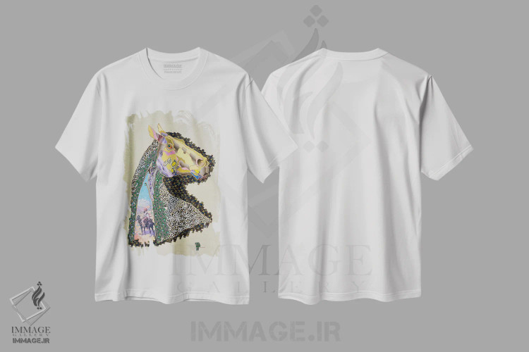 تیشرت سفید طرح دار اسب تبتی، دکور معاصر اثر کاستیانتین مالگینف | فروشگاه ایماژ