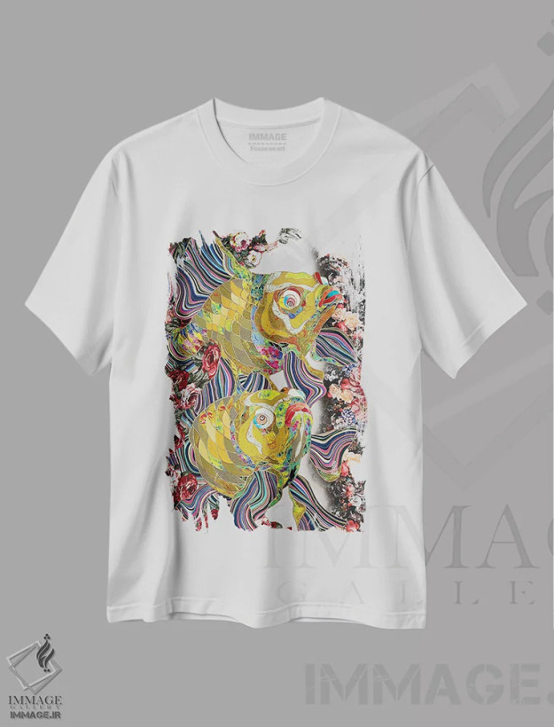 تیشرت سفید طرح دار ماهی قرمز، آبستره اثر کاستیانتین مالگینف | فروشگاه ایماژ