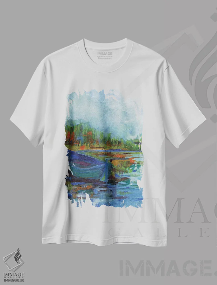 تیشرت سفید طرح دار رودخانه آبی، آبستره اثر کندون کریشنز | immage.ir