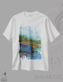 تیشرت سفید طرح دار رودخانه آبی، آبستره اثر کندون کریشنز | immage.ir