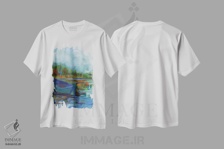 تیشرت سفید طرح دار رودخانه آبی، آبستره اثر کندون کریشنز | immage.ir