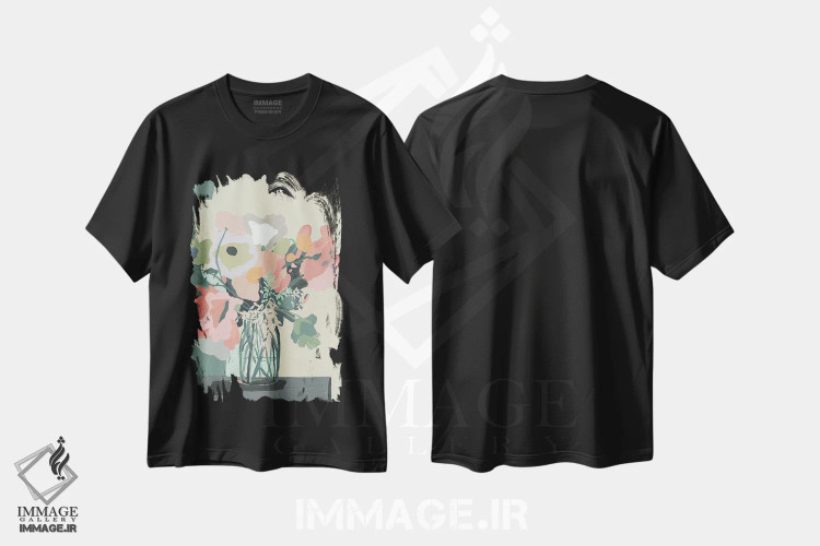 تیشرت مشکی طرح دار برش صورتی ملایم، آبستره اثر کندون کریشنز | فروشگاه ایماژ