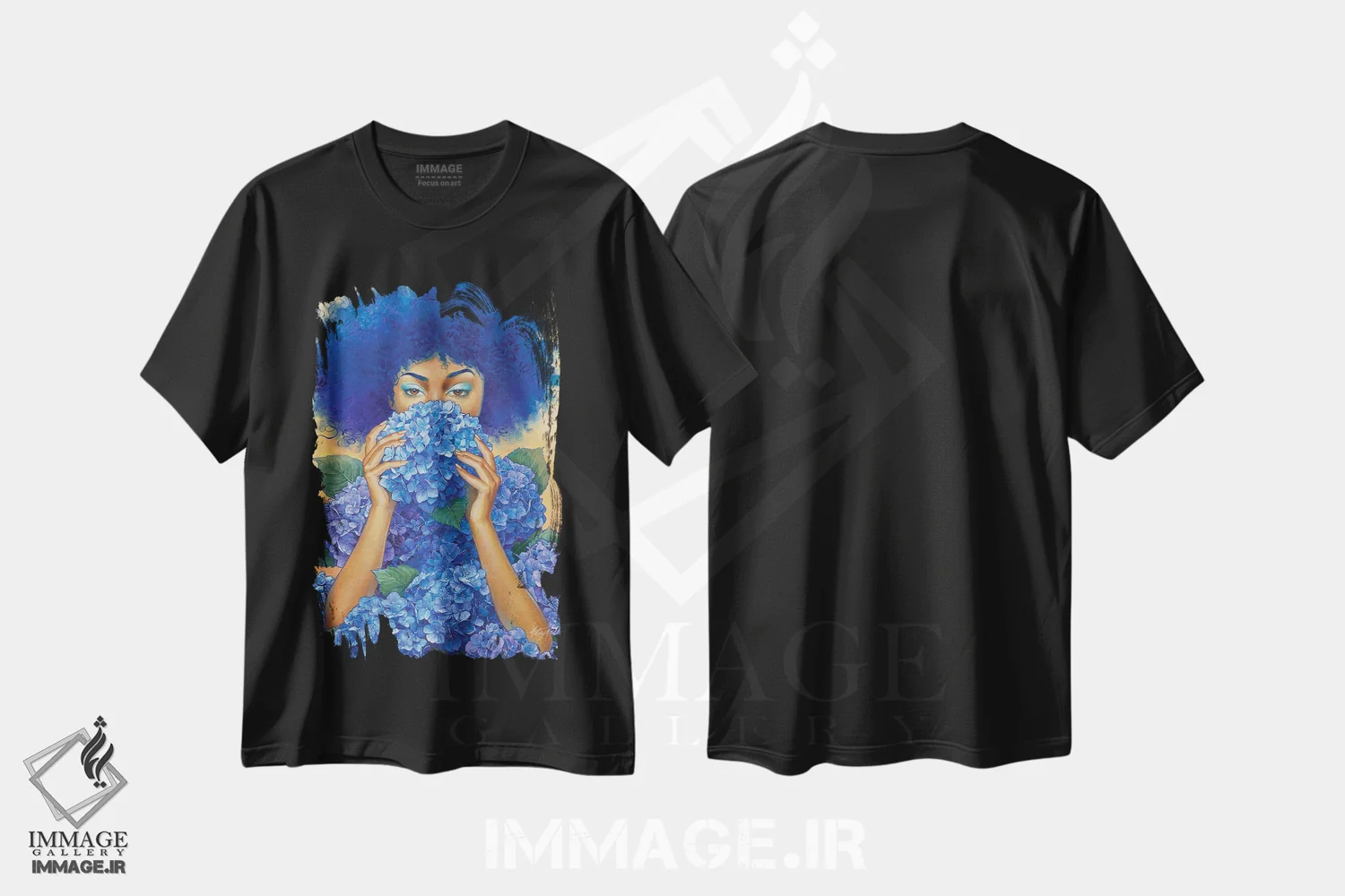 تیشرت مشکی طرح دار هورتانسیا، هنر آمریکایی آفریقایی تبار اثر کلسی مرکِل | فروشگاه ایماژ