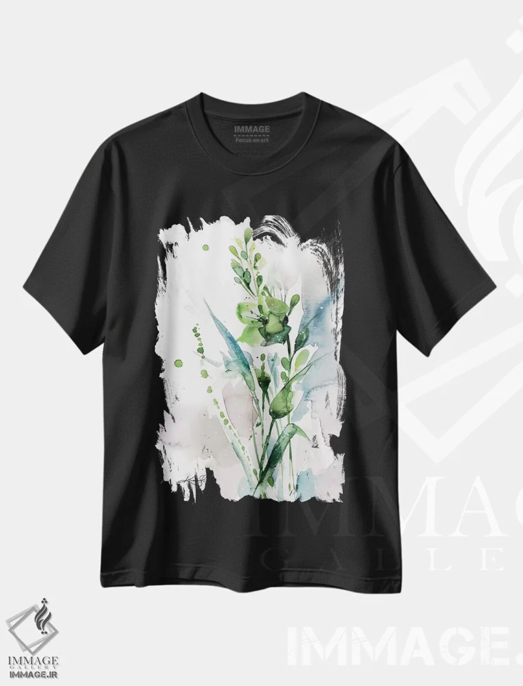 تیشرت مشکی طرح دار خوشی سبز ۱، هنر فاخر معاصر اثر کتی مورتون استنیون | immage.ir