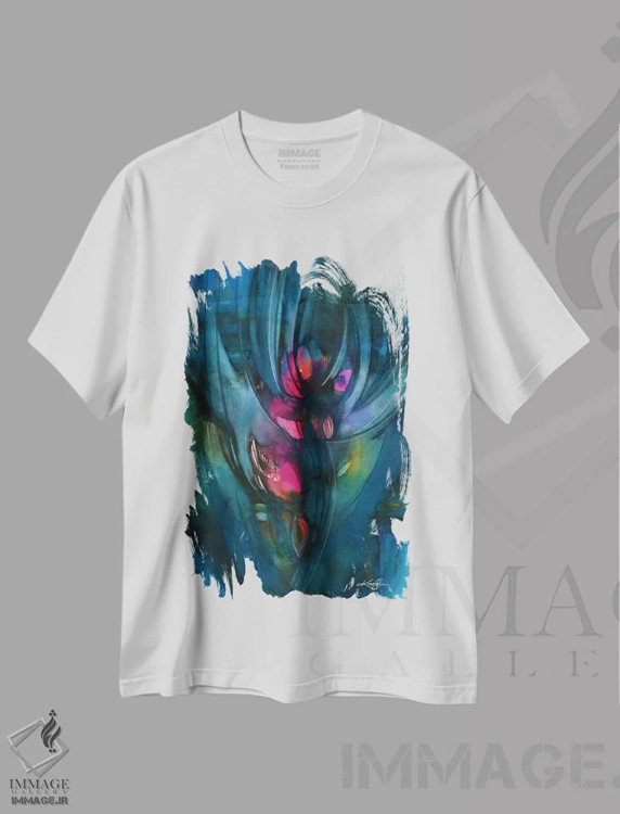 تیشرت سفید طرح دار شکوفه مرموز، آبستره اثر کتی مورتون استنیون | فروشگاه ایماژ