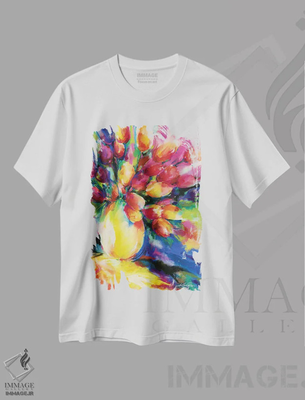 تیشرت سفید طرح دار لاله ها، هنر فاخر معاصر اثر کتی مورتون استنیون | فروشگاه ایماژ