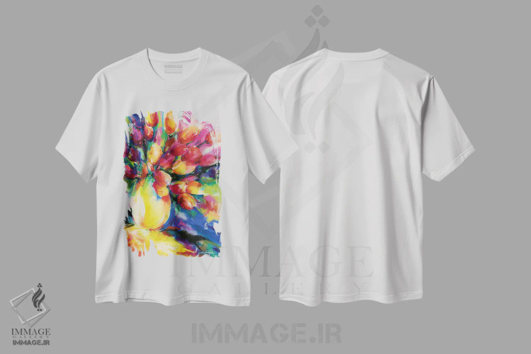 تیشرت سفید طرح دار لاله ها، هنر فاخر معاصر اثر کتی مورتون استنیون | فروشگاه ایماژ