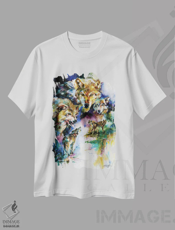 تیشرت سفید طرح دار گرگ ها، هنر فاخر معاصر اثر کتی مورتون استنیون | فروشگاه ایماژ