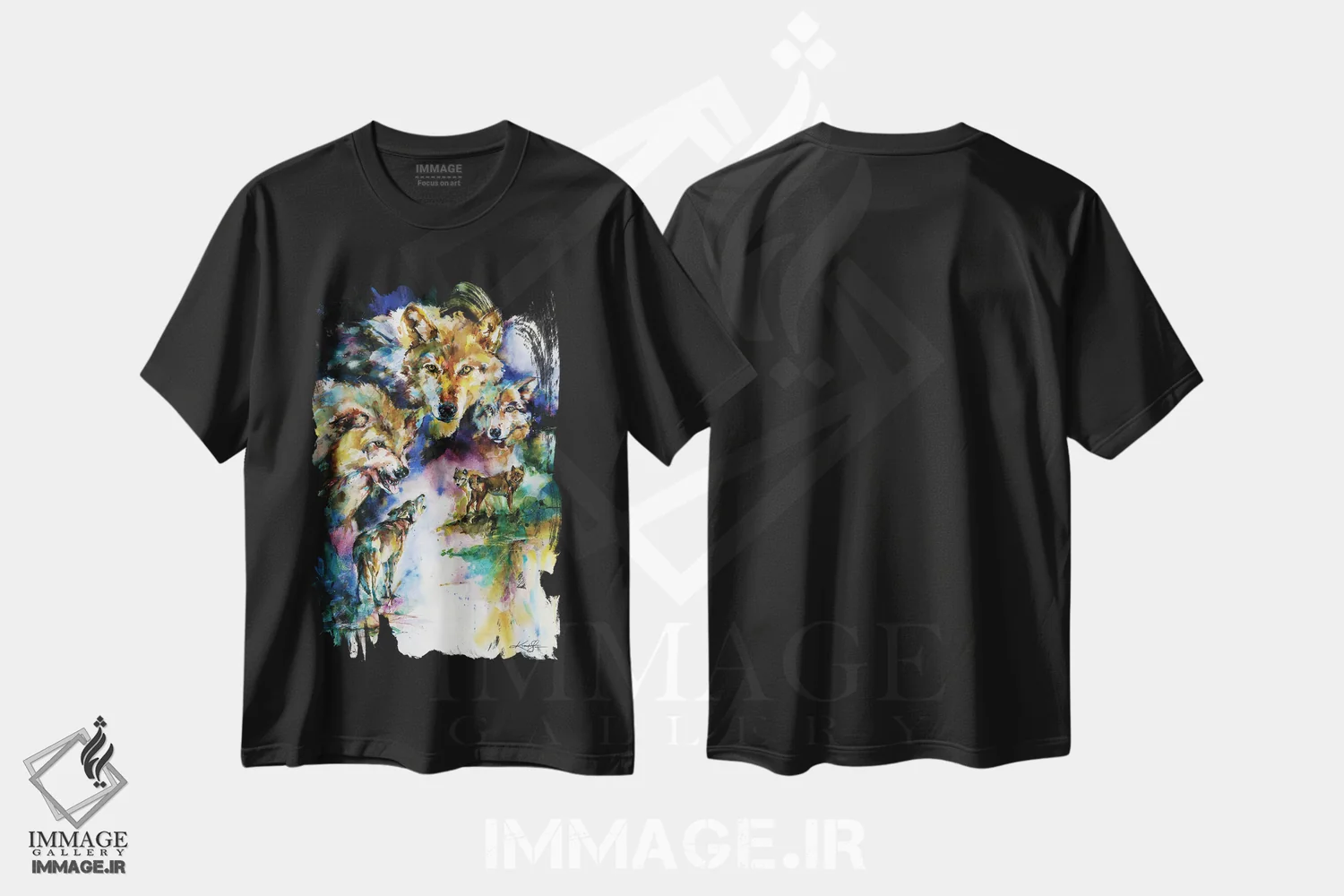 تیشرت مشکی طرح دار گرگ ها، هنر فاخر معاصر اثر کتی مورتون استنیون | immage.ir