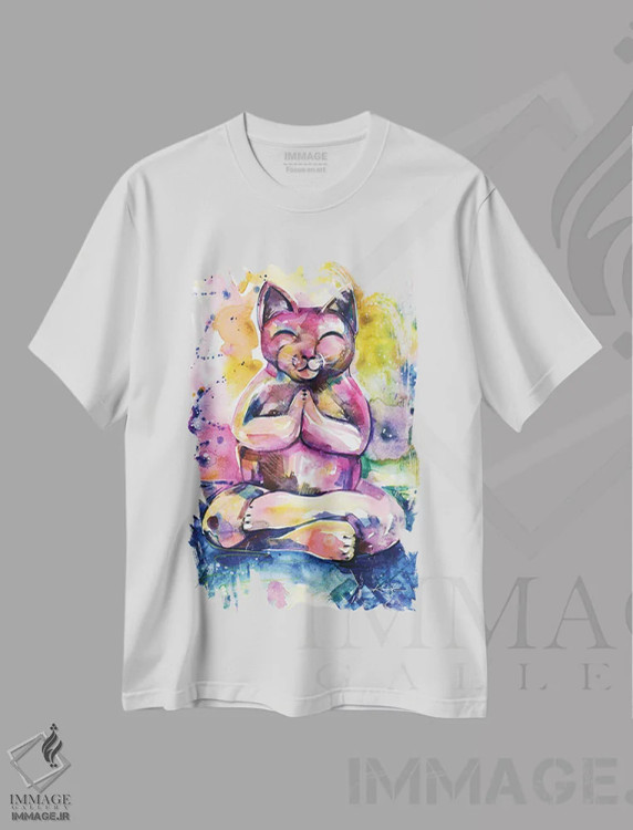 تیشرت سفید طرح دار گربه بودا یازدهم، تزئینی اثر کتی مورتون استنیون | immage.ir