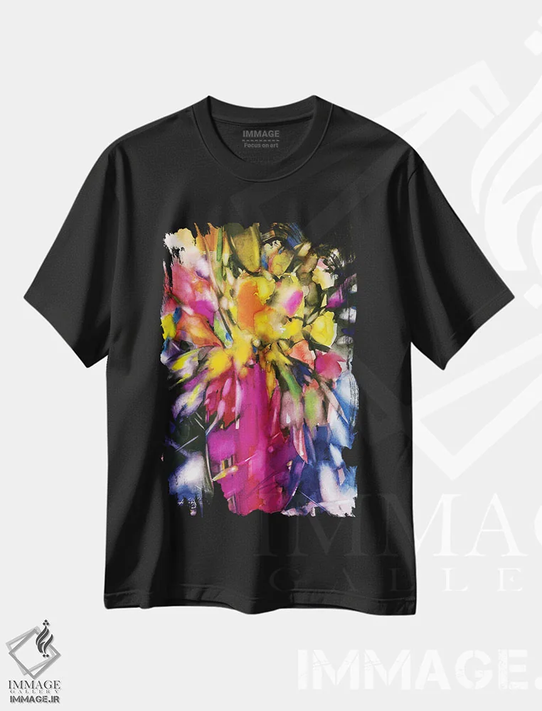 تیشرت مشکی طرح دار شکوفه های لطیف، هنر فاخر معاصر اثر کتی مورتون استنیون | فروشگاه ایماژ