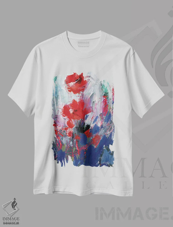 تیشرت سفید طرح دار گل های انتزاعی LXIX، آبستره اثر کتی مورتون استنیون | فروشگاه ایماژ