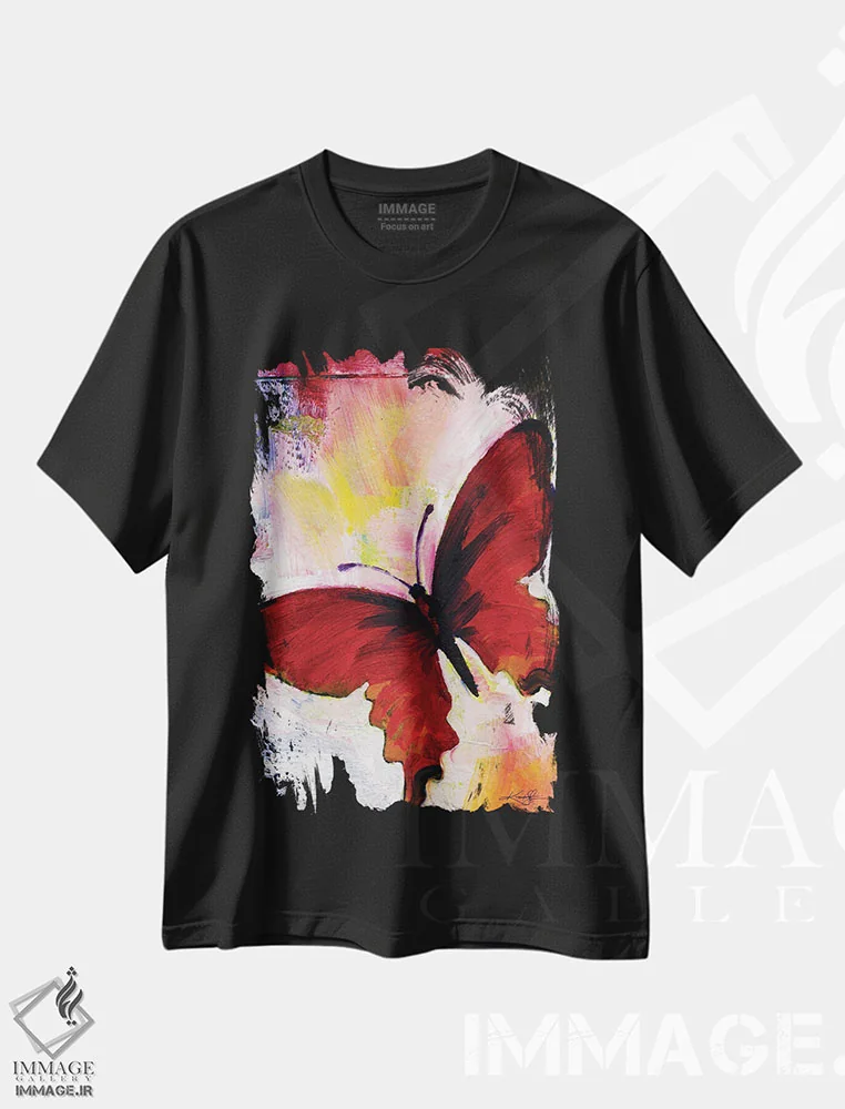 تیشرت مشکی طرح دار پروانه قرمز، دکور معاصر اثر کتی مورتون استنیون | فروشگاه ایماژ