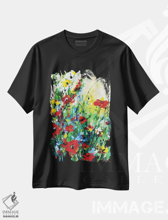 تیشرت مشکی طرح دار گامی در دل شگفتی، آبستره اثر کتی مورتون استنیون | فروشگاه ایماژ