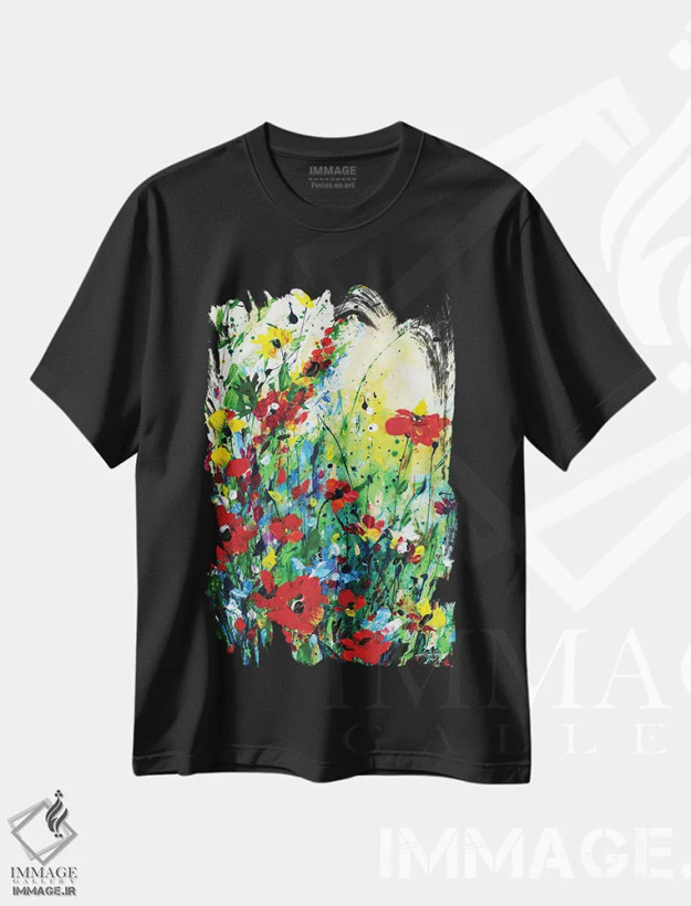 تیشرت مشکی طرح دار گامی در دل شگفتی، آبستره اثر کتی مورتون استنیون | فروشگاه ایماژ
