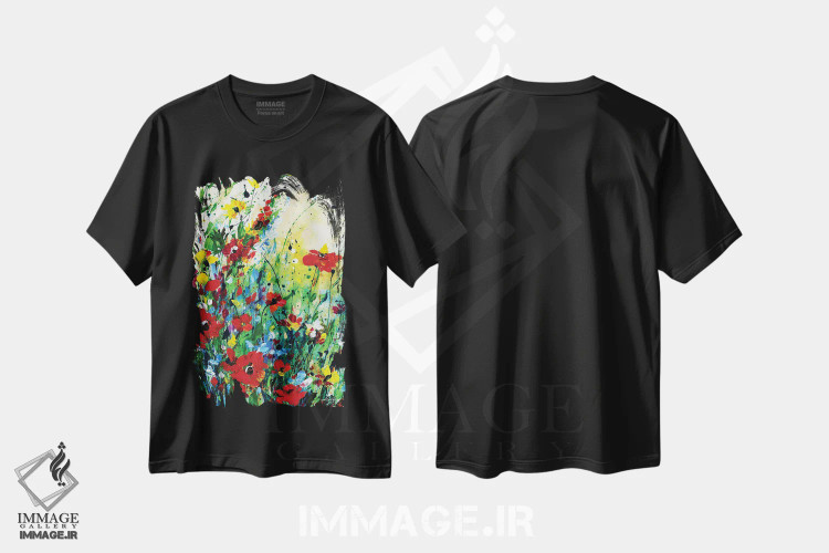تیشرت مشکی طرح دار گامی در دل شگفتی، آبستره اثر کتی مورتون استنیون | فروشگاه ایماژ