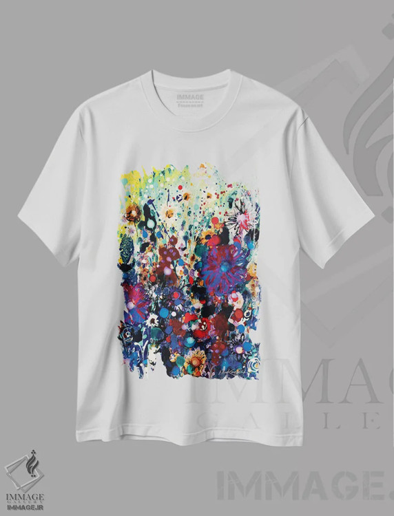 تیشرت سفید طرح دار چمنزار شادی اول-سوم، آبستره اثر کتی مورتون استنیون | immage.ir