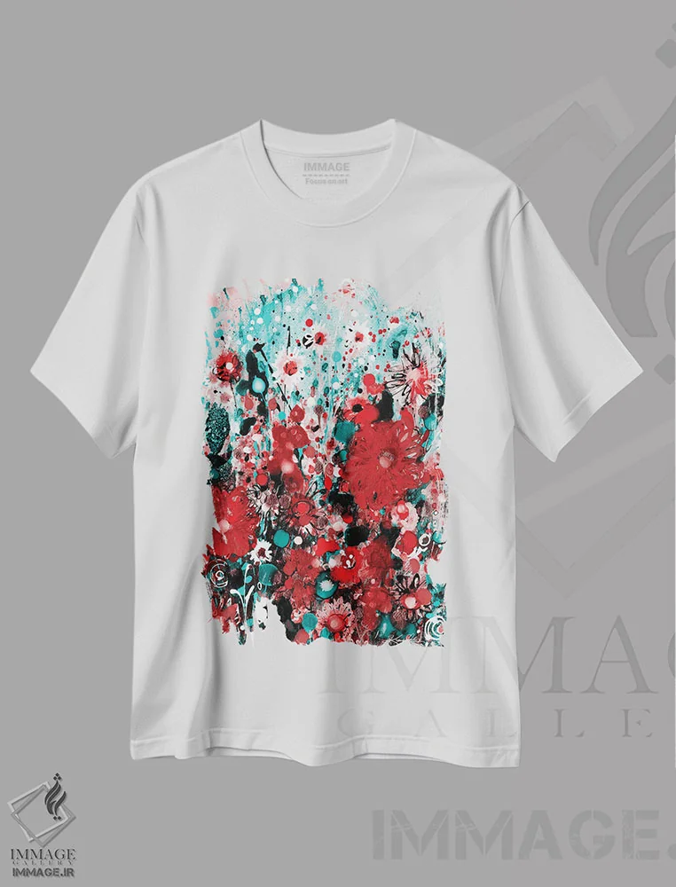 تیشرت سفید طرح دار چمنزار شادی اول-دوم، آبستره اثر کتی مورتون استنیون | فروشگاه ایماژ