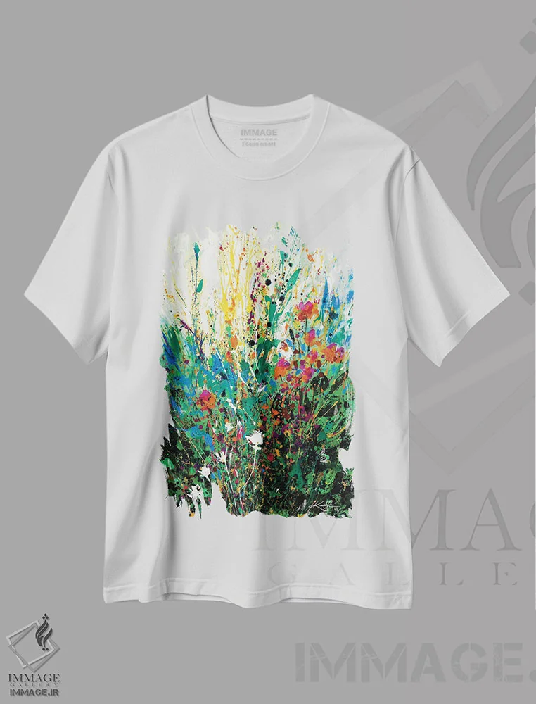 تیشرت سفید طرح دار گریز گل ها، آبستره اثر کتی مورتون استنیون | فروشگاه ایماژ
