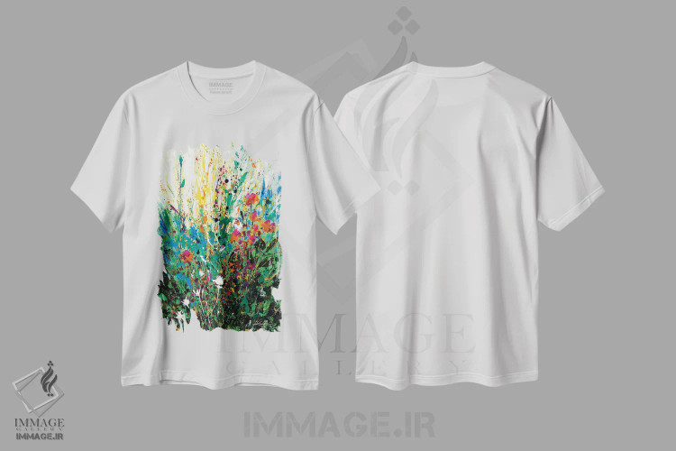 تیشرت سفید طرح دار گریز گل ها، آبستره اثر کتی مورتون استنیون | فروشگاه ایماژ