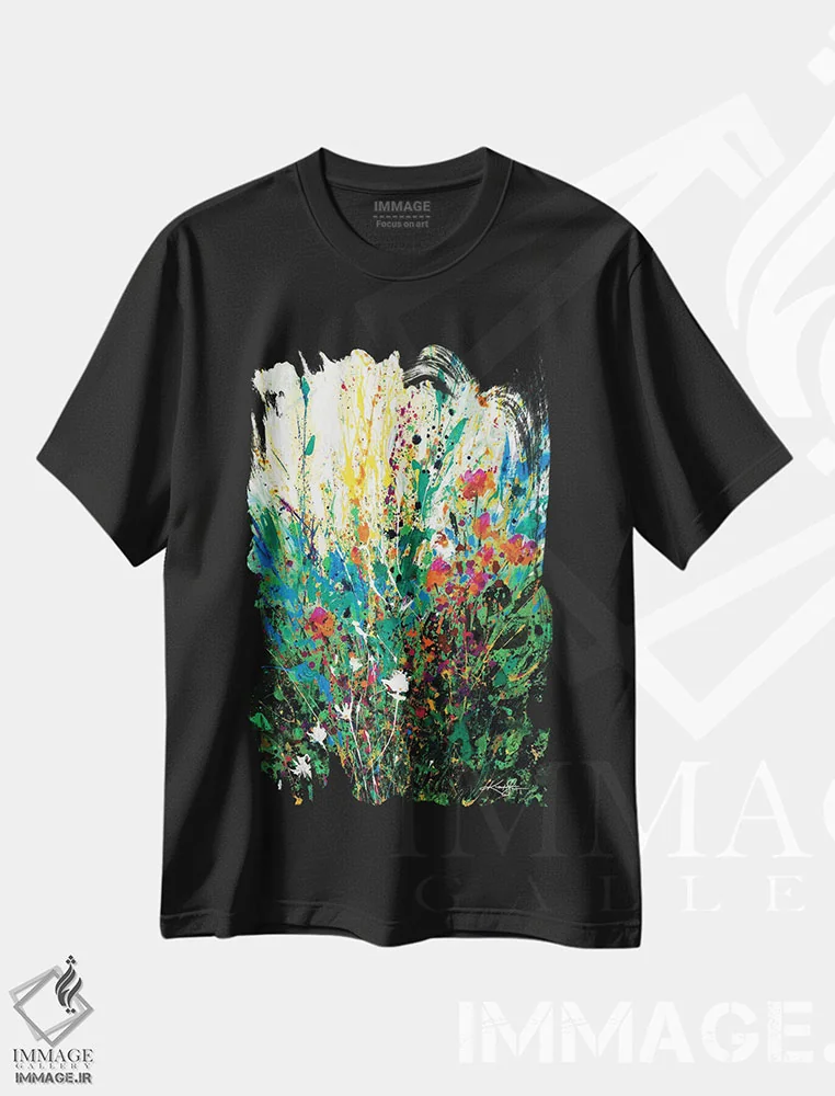 تیشرت مشکی طرح دار گریز گل ها، آبستره اثر کتی مورتون استنیون | immage.ir