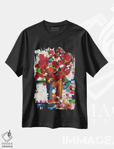 تیشرت مشکی طرح دار گل ها در گلدان، هنر فاخر معاصر اثر کتی مورتون استنیون | فروشگاه ایماژ