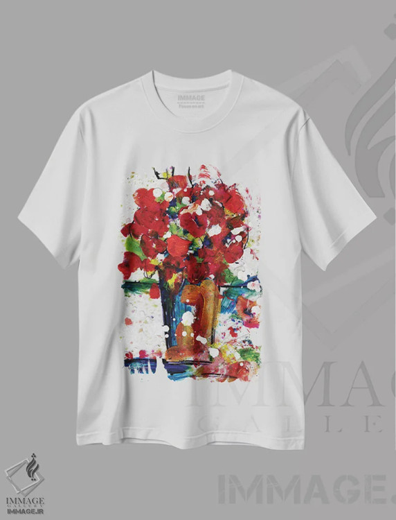 تیشرت سفید طرح دار گل ها در گلدان، هنر فاخر معاصر اثر کتی مورتون استنیون | immage.ir