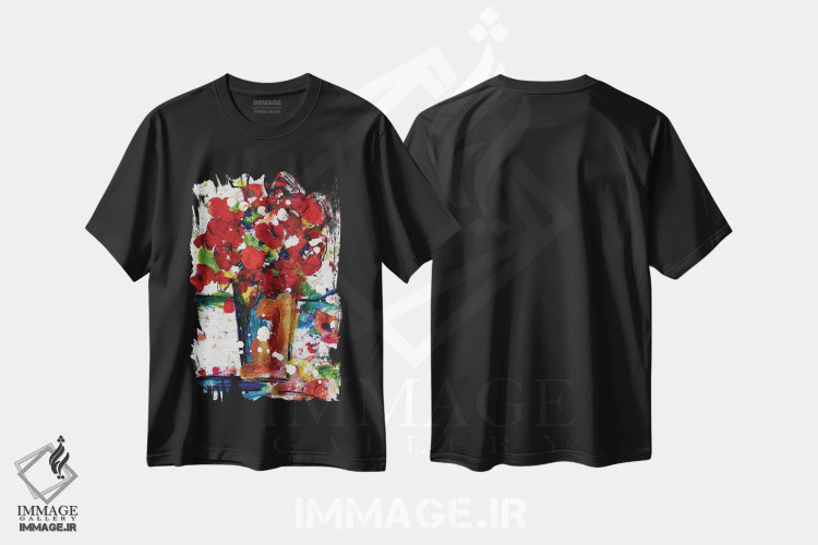 تیشرت مشکی طرح دار گل ها در گلدان، هنر فاخر معاصر اثر کتی مورتون استنیون | فروشگاه ایماژ